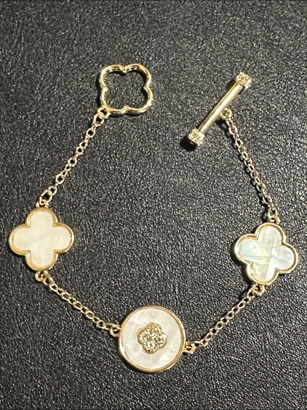 TAHARI Gold Tone Clover MOP Station Toggle Bracelet